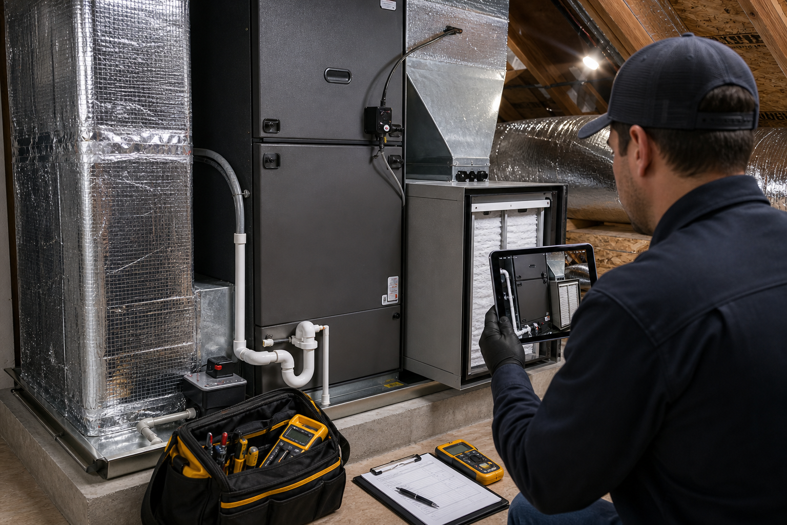 Air handler furnace and coil installation closeout with filter cabinet and drain safety checks