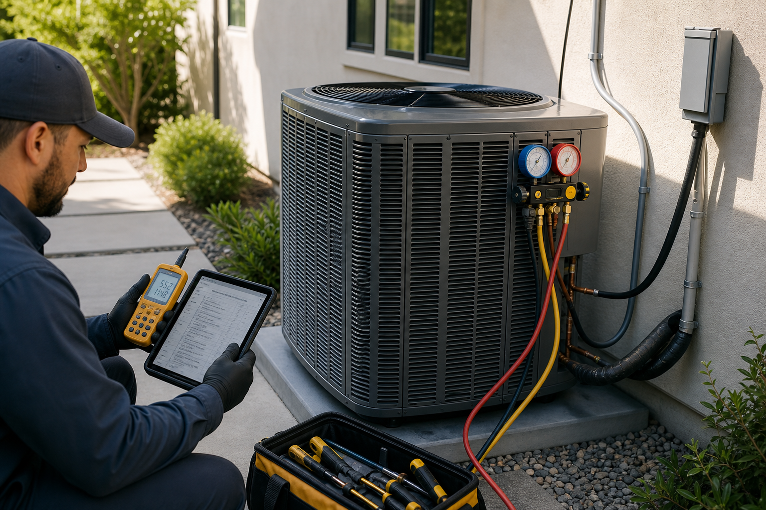 Central AC replacement startup checks on a residential condenser in Los Angeles