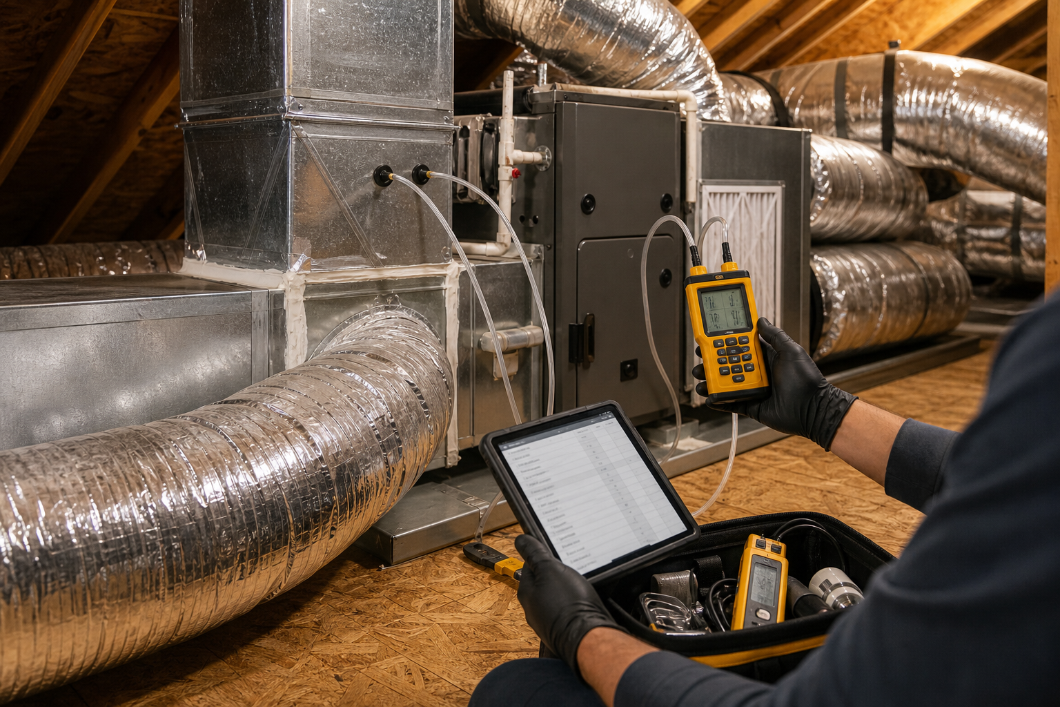 Ductwork redesign with static pressure testing in a Los Angeles attic system